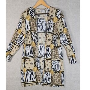 VTG AORA Karen Rice-Moore Open Front Cardigan Long Jacket Animal Chain Print L